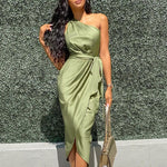 Irregular One Shoulder Belt Slim Fit Satin Dresses Wholesale Womens Clothing N3823121400179
