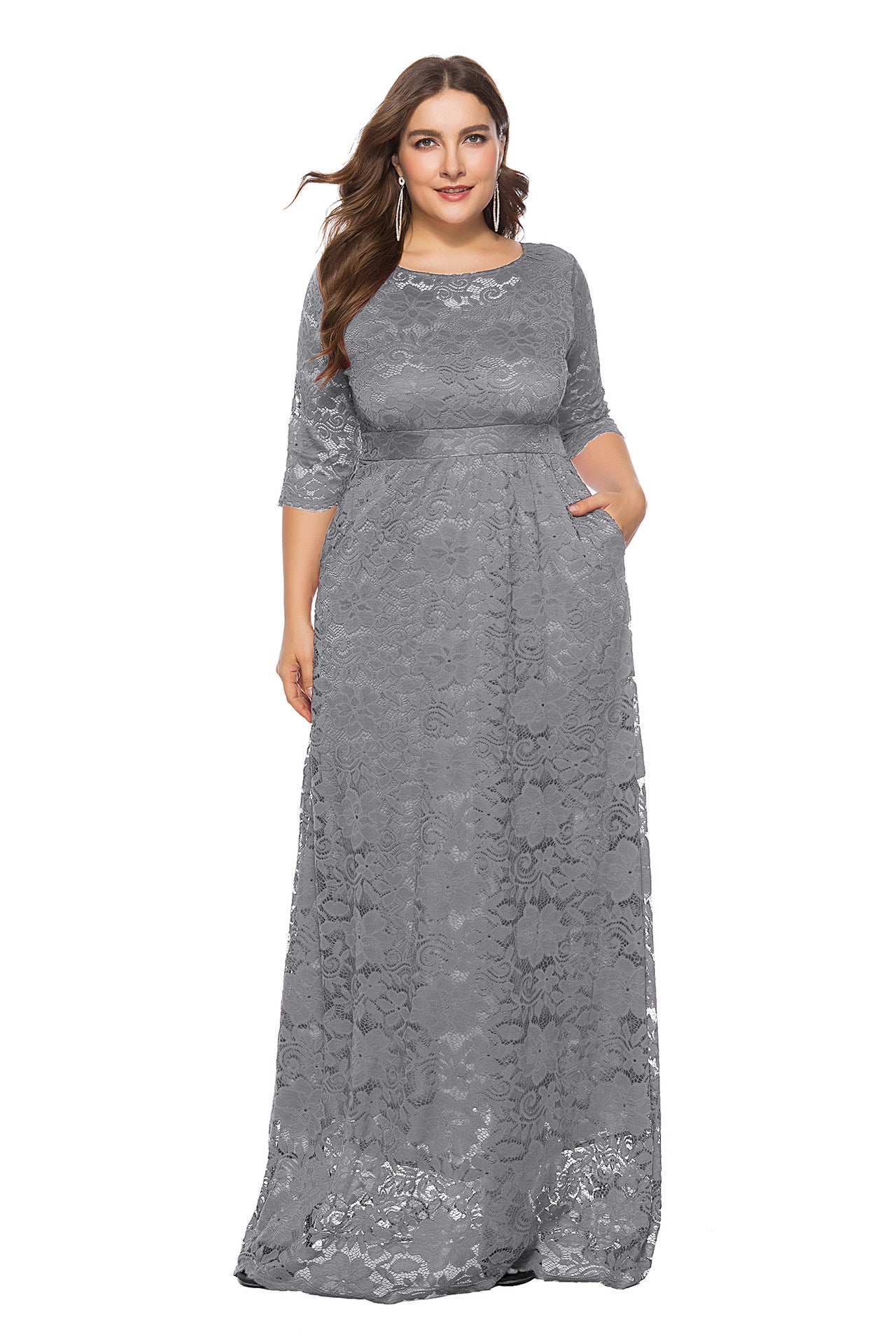 Plus Size Hollow Short Sleeve Lace Pocket Dress Evening Maxi Dresses Wholesale Womens Clothing N3824080300016