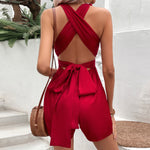 Low-Cut V-Neck Cross-Strap Halter Back Solid Color Playssuits Wholesale Womens Clothing