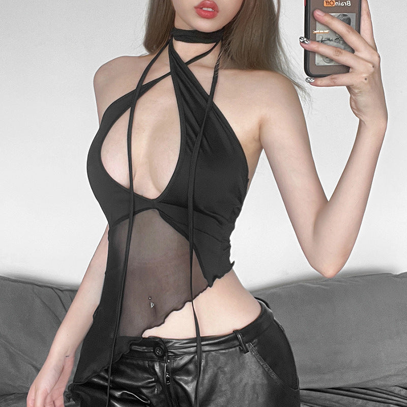 Strap Halter Halter Sheer Mesh Crop Tops Wholesale Women'S Top