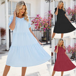 Solid Color Round Neck Pleated Tie Short Sleeve Dresses Wholesale Womens Clothing N3824052000094
