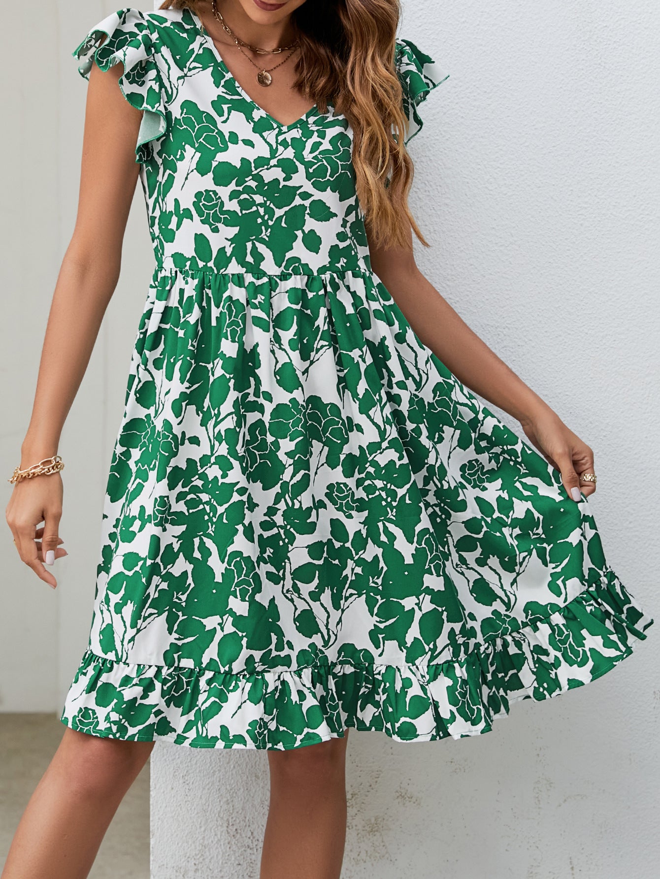 Women's Leaf Print V-Neck Fly Sleeve Resort Dresses Wholesale Womens Clothing N3824010500008