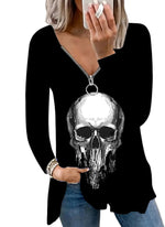 Wholesale Plus Size Clothing Stylish V-Neck Zipper Skull Print Long Sleeve Top