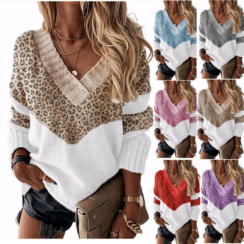 Leopard Print Colorblocking V-Neck Loose Pullover Knit Sweater Wholesale Womens Tops