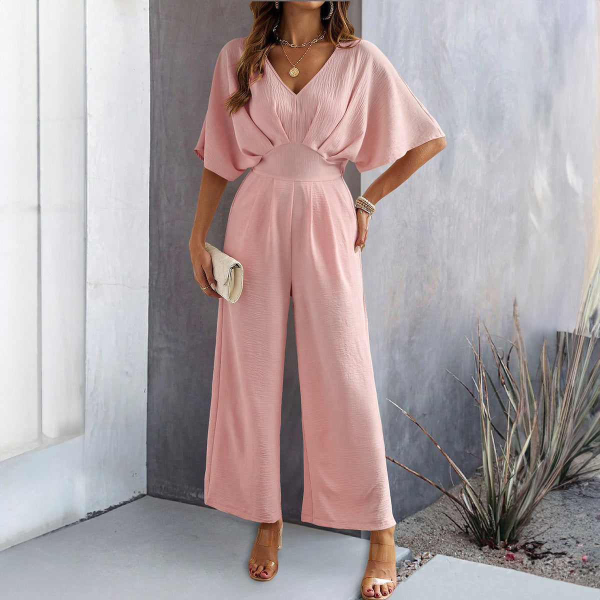 Short-Sleeved Solid Color Casual Wide-Leg Jumpsuit Wholesale Womens Clothing N3824062100011