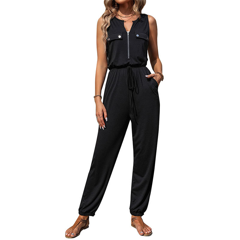 Black Sleeveless Zip Jumpsuits Wholesale Womens Clothing N3824041600022