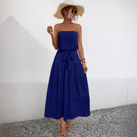 Solid Color Off-Shoulder Sheath Maxi Dresses With Belt Wholesale Womens Clothing N3824042900058