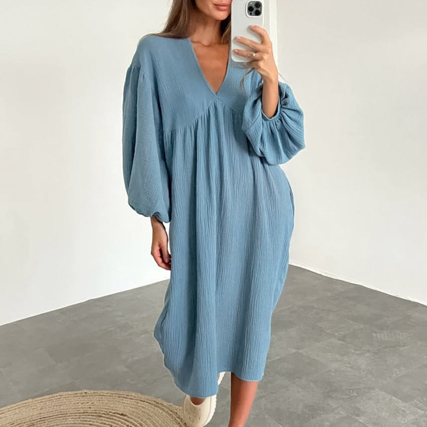 Puff Sleeve V-Neck Crepe Cotton Loose Casual Dresses Wholesale Womens Clothing N3824071000003