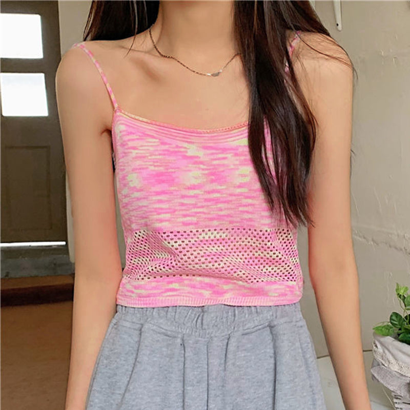 Casual Color Blocking Print Knitted Openwork Camisole Top Wholesale Womens Tops
