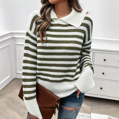 Casual Loose Lapel Striped Long Sleeve Sweater Wholesale Womens Clothing N3824062400023