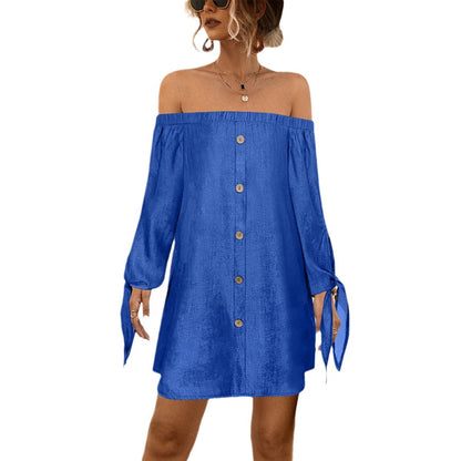 Off-shoulder Bow Button-up Long Sleeve Shirt Dresses Wholesale Womens Clothing N3824082300035