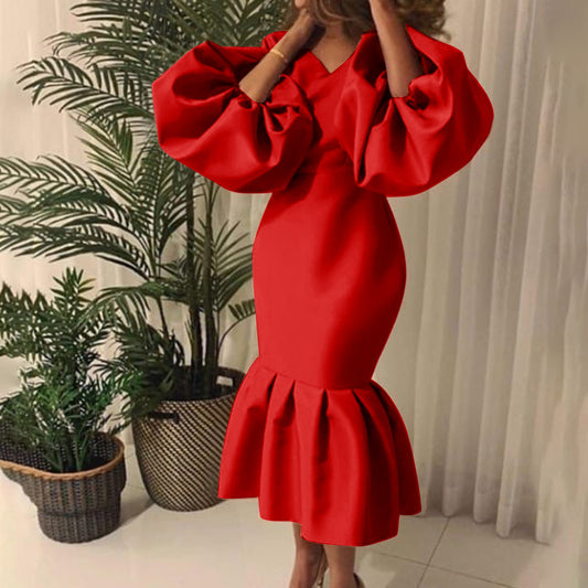 Fashion Solid Color V-Neck Bubble Long Sleeve Fishtail Dress Wholesale Dresses