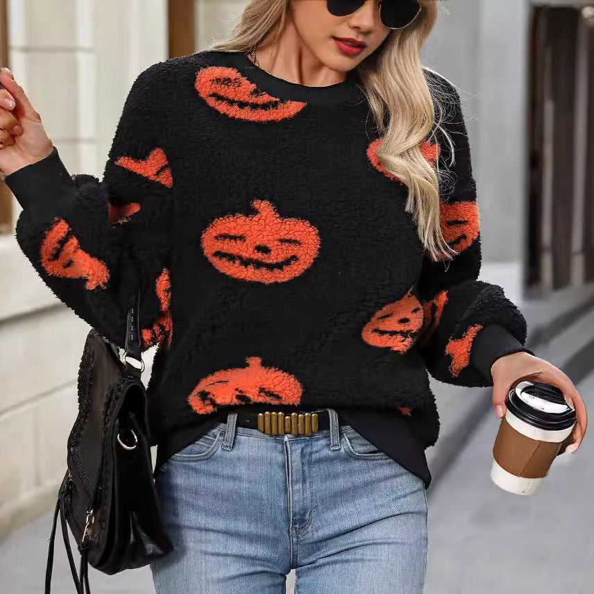 Halloween Printed Plush Loose Pullover Sweatshirts Wholesale Womens Clothing N3824073100103