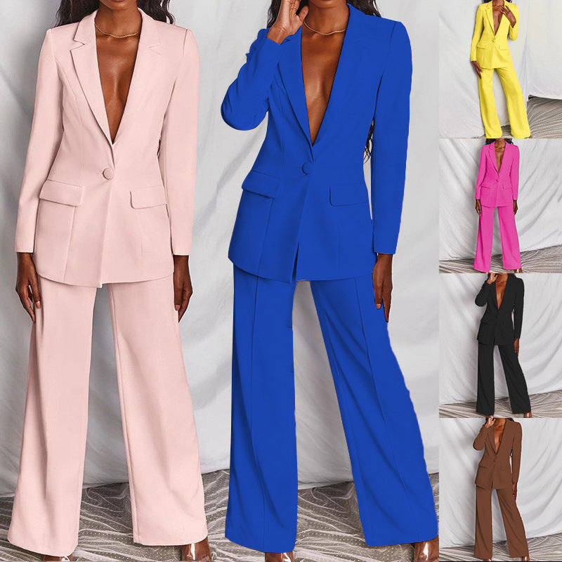 Solid Color Suit Blazer Wide Leg Pants Two Piece Set Wholesale Womens Clothing N3824080500013