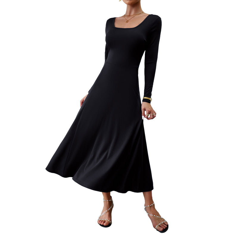 Elegant Solid Color U Neck Waisted Long Sleeve Dress Wholesale Dresses