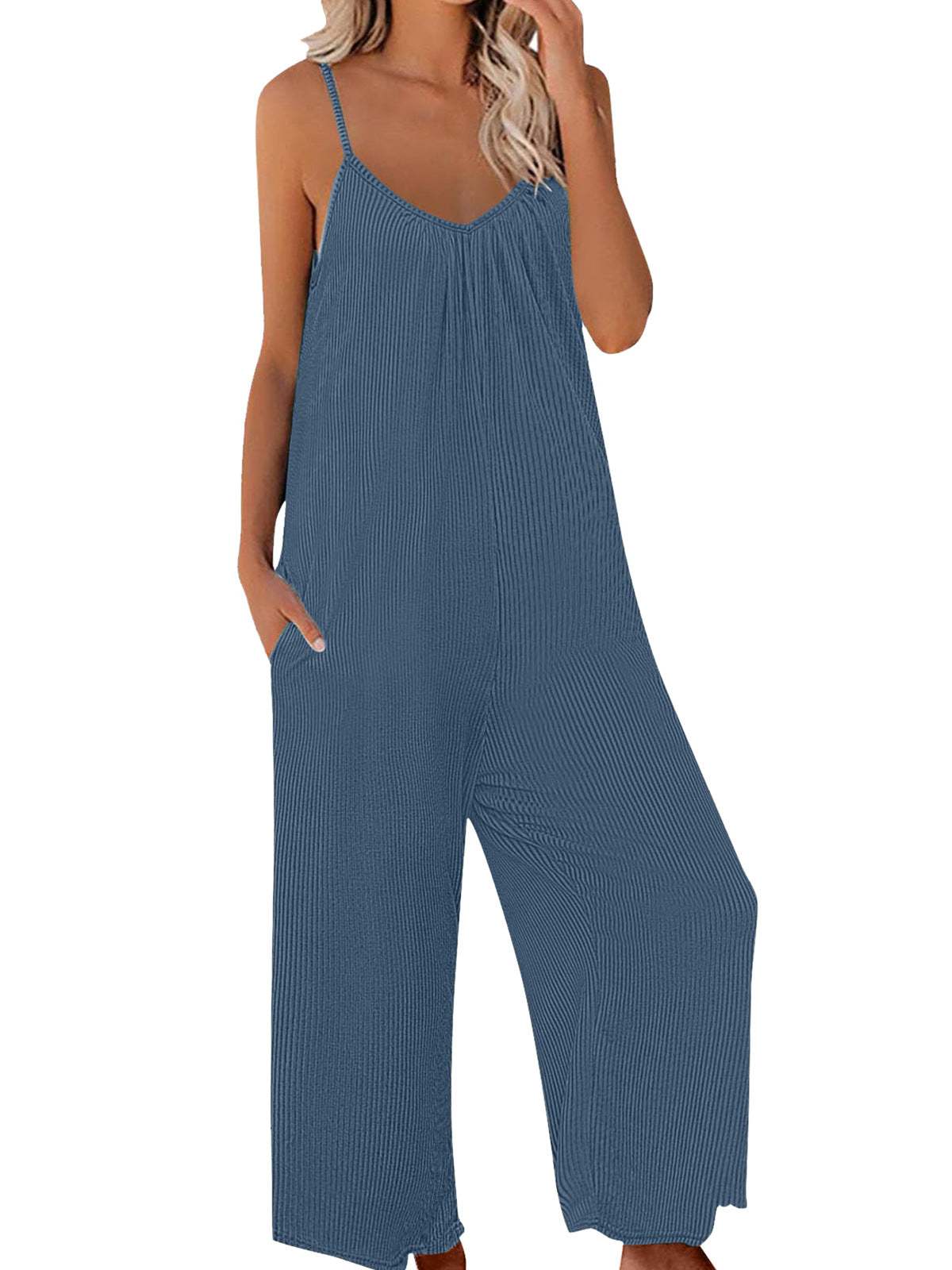 Solid Color Ribbed Pocket Loose Casual Sling Jumpsuit Wholesale Womens Clothing N3824052000017