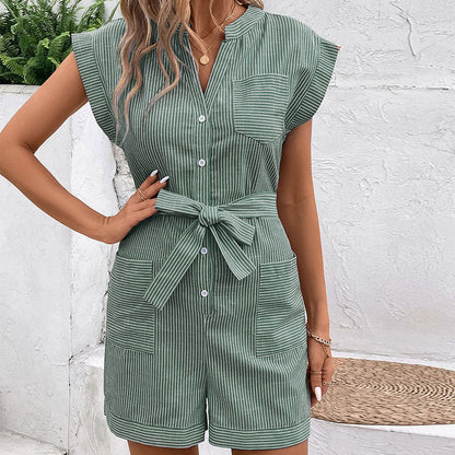 Pinstripe Short-Sleeved Lapel Rompers With Belt Wholesale Womens Clothing N3824062800030