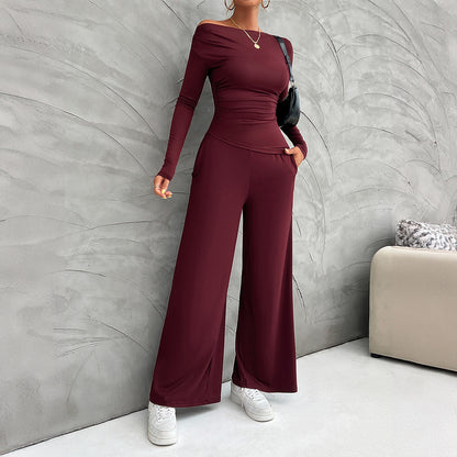 Slim Long Sleeve Tops Wide Leg Pants Set Wholesale Womens Clothing N3824072300005