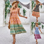 Printed V Neck Fly Sleeve Bohemian Dress Wholesale Womens Clothing N3824042900066