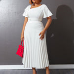 Ruffled Short Sleeve Off-Shoulder Pleated Dress Wholesale Womens Clothing N3823112300137