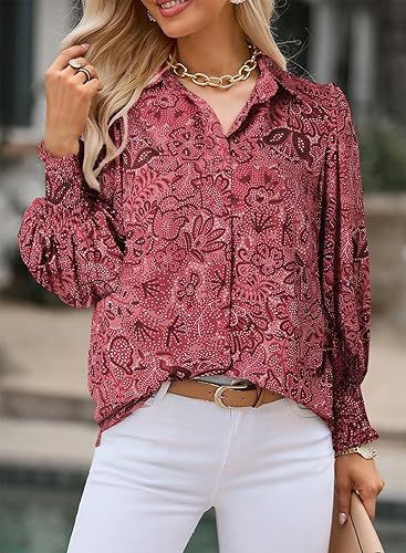 Long-Sleeved Printed Blouses With Lapel And Lantern Sleeves Wholesale Womens Tops N3824091200175