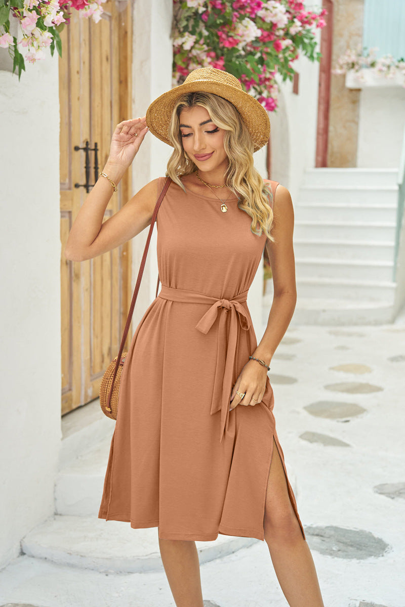 Sleeveless Belted Pocket Slit Midi Tank Dresses Wholesale Womens Clothing N3824070900029