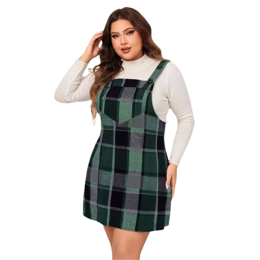 Plaid Plus Size Loose Suspender Dresses Wholesale Womens Clothing N3824091200162