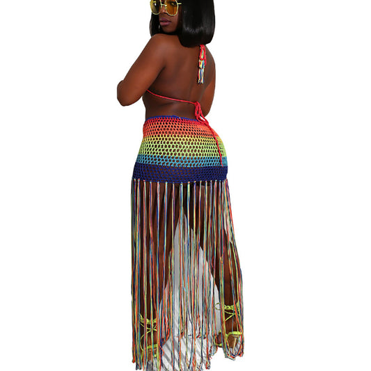 Sexy Rainbow Color Cutout Hand Hooked Bikini Top And Fringe Beach Skirt Swimsuit Set Wholesale Womens Clothing