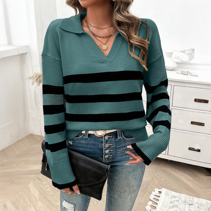 Autumn Winter Casual Loose Contrast Color Lapel Sweater Top Wholesale Womens Clothing N3824062400016