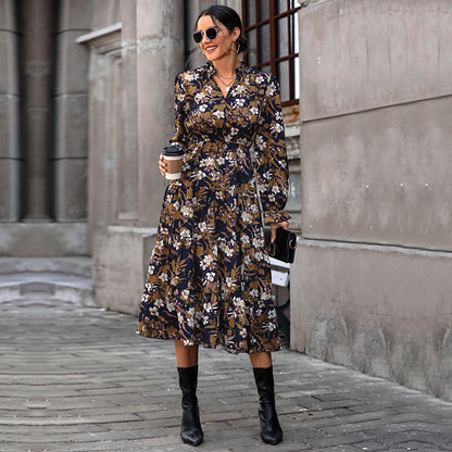 Floral Lapel Long Sleeve Midi Dresses Wholesale Womens Clothing N3824070500035