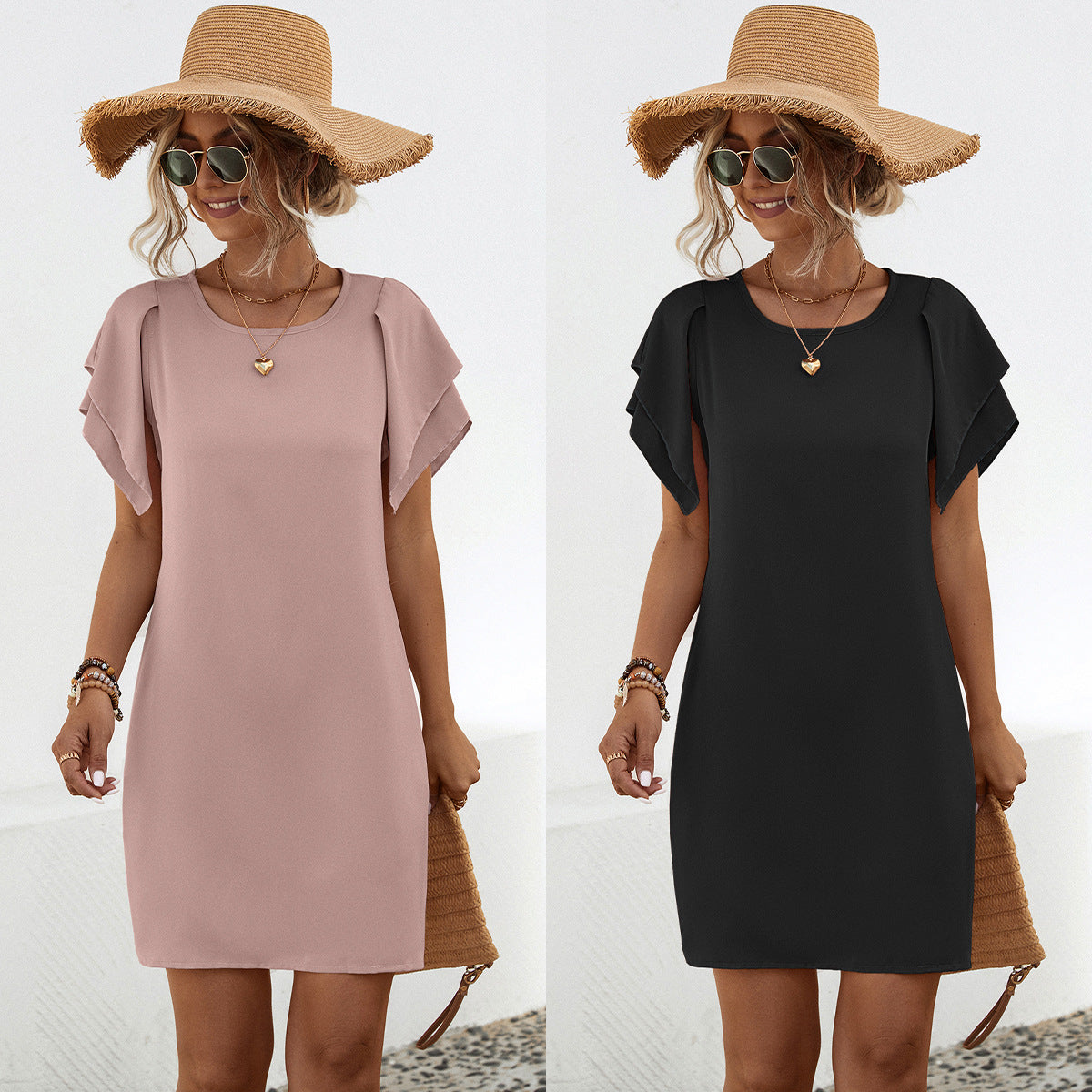 Double Ruffle Sleeve Solid Color Dresses Wholesale Womens Clothing N3824042900055