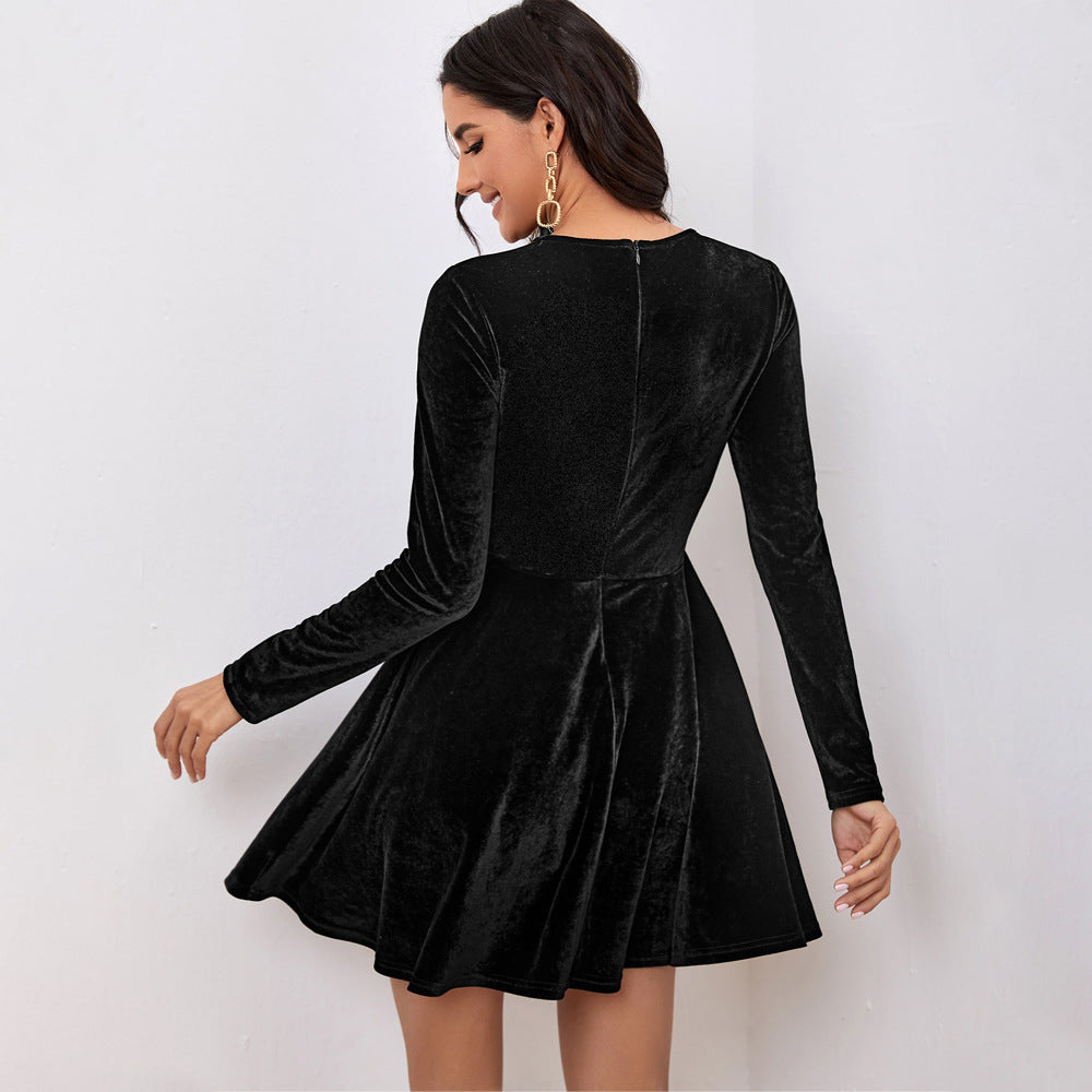 Round Neck Long Sleeve Black Velvet Mini Dresses Wholesale Womens Clothing N3824070500026