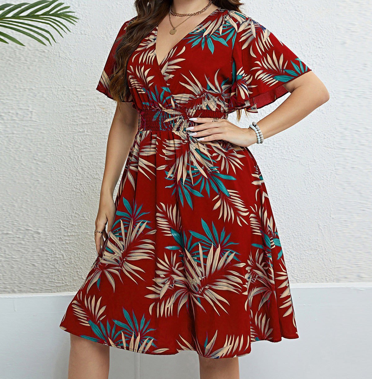 Plus Size V-Neck Wrap Waist Slimming Short Sleeve Dresses Wholesale Plus Size Womens Clothing N3824052500008