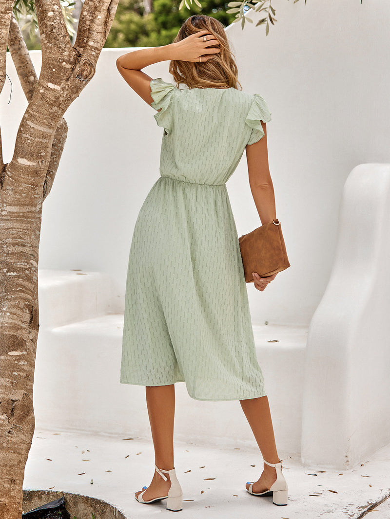 Petal Sleeve Solid Color V-Neck Fresh And Simple Dress Wholesale Dresses