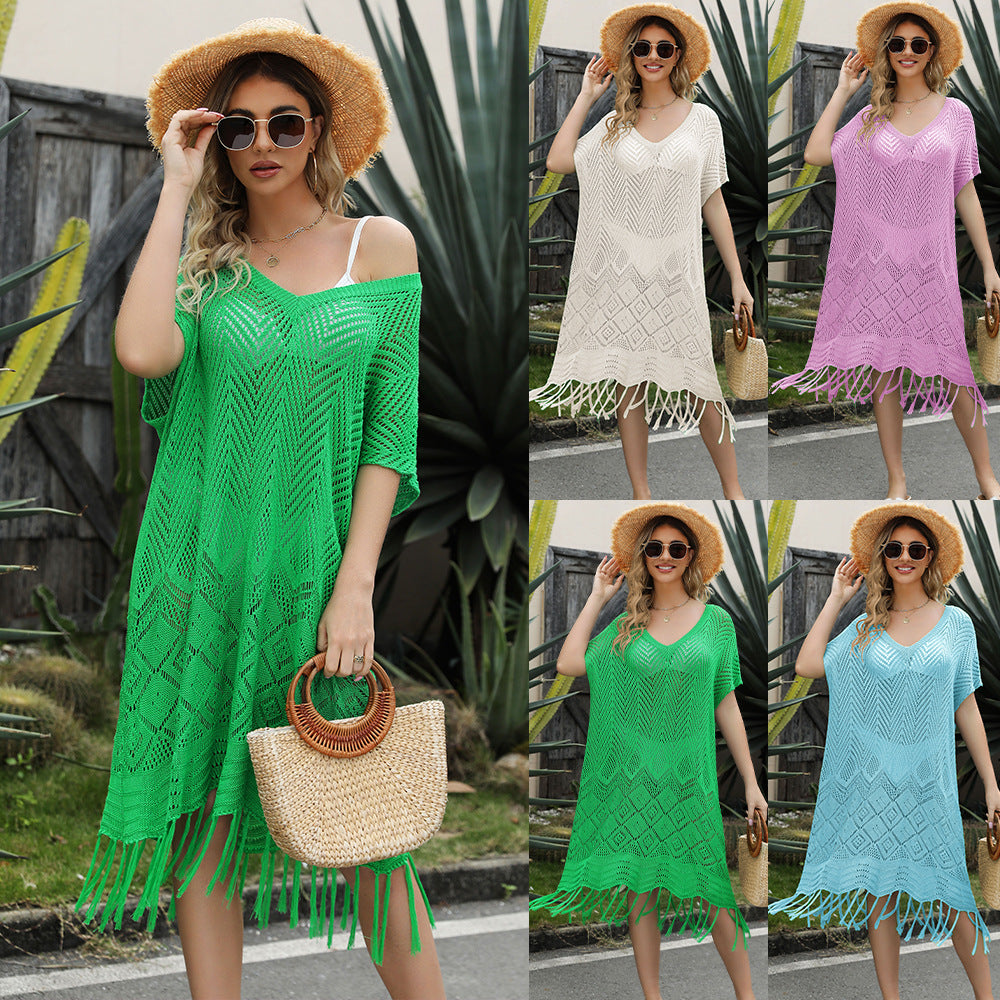 Fashion Solid Color V-Neck Tassel Hollow Knit Dress Wholesale Dresses