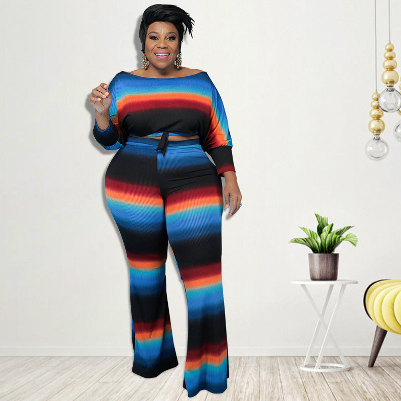 Wholesale Plus Size Clothing Stylish Striped Printed Ribbed Top And Trouser Set