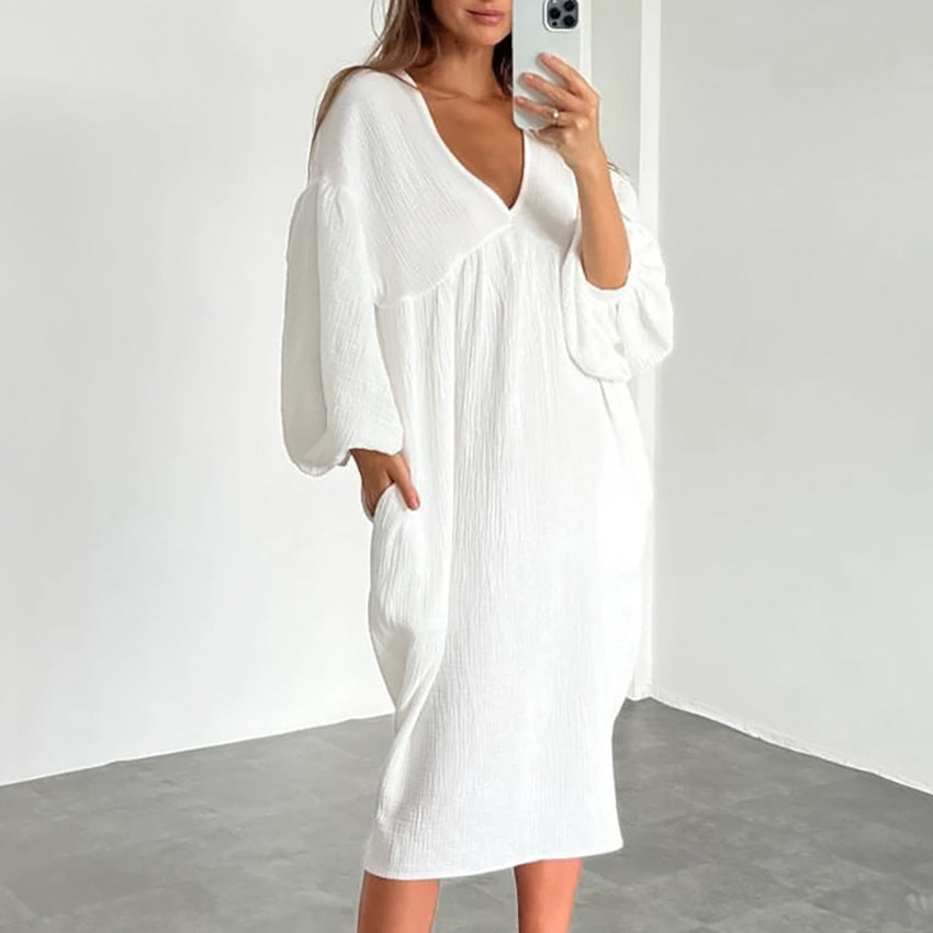 Puff Sleeve V-Neck Crepe Cotton Loose Casual Dresses Wholesale Womens Clothing N3824071000003