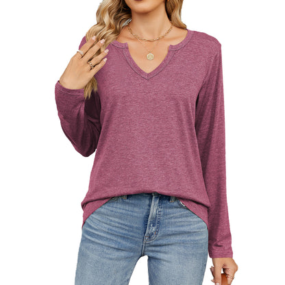 V-Neck Long Sleeve Loose T-Shirts Solid Color Tops Wholesale Womens Clothing N3824072900064