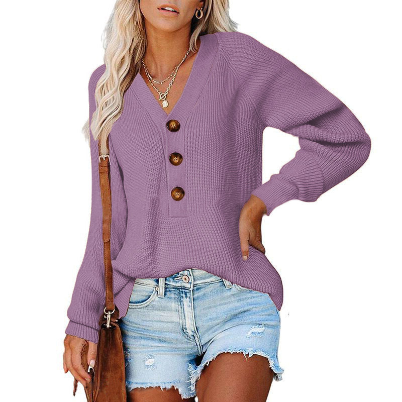 Casual Long Sleeve Knit V-Neck Button Down Sweater Wholesale Womens Tops