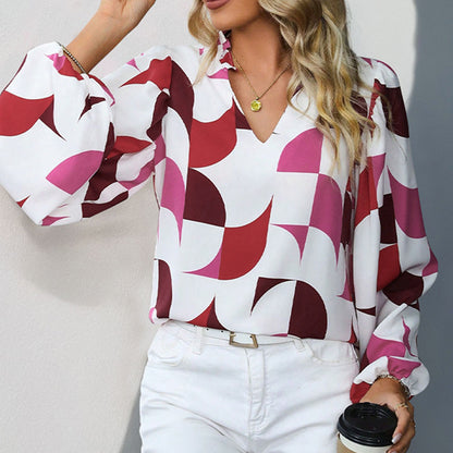 Puff Sleeve Stand Collar Printed Shirts Wholesale Womens Clothing N3824112000026