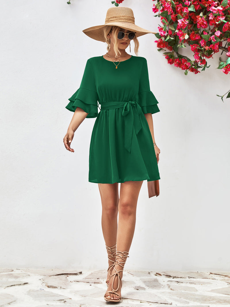 Trumpet Ruffle Sleeve Solid Color Commuter Round Neck Dress Wholesale Dresses