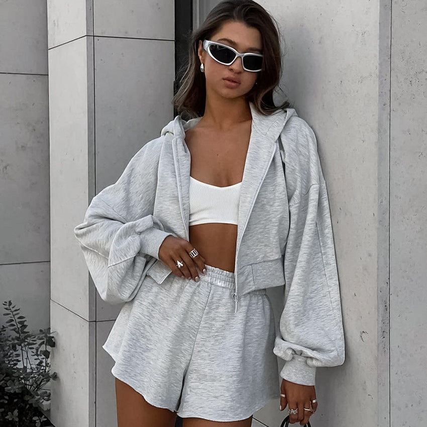 Casual Cropped Sweatshirt And Shorts Slim Two Piece Set Wholesale Womens Clothing N3824081300011