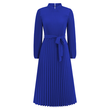 Stand Collar Puff Sleeve Pleated Skirt Dress Wholesale Womens Clothing N3824062100034