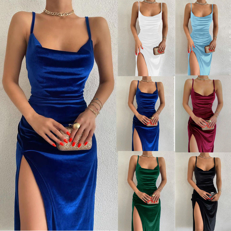 Solid Color Dresses Sexy Sling Slit Slim Fit Midi Dresses Wholesale Womens Clothing N3824061200006