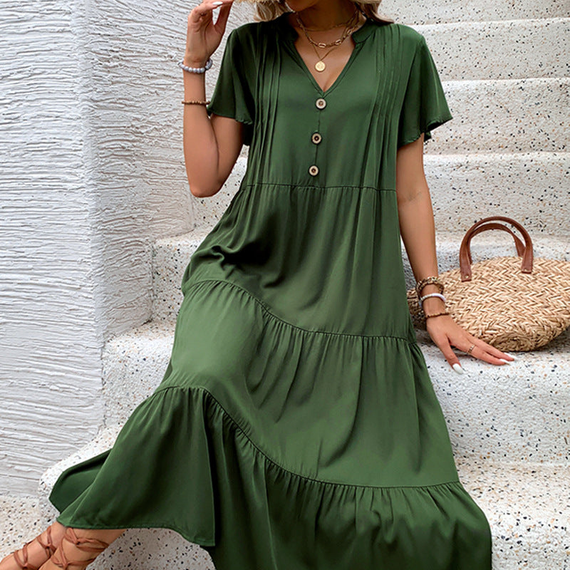 V-Neck Green Midi Dresses Shorts Sleeve Summer Wholesale Womens Clothing N3824062800039