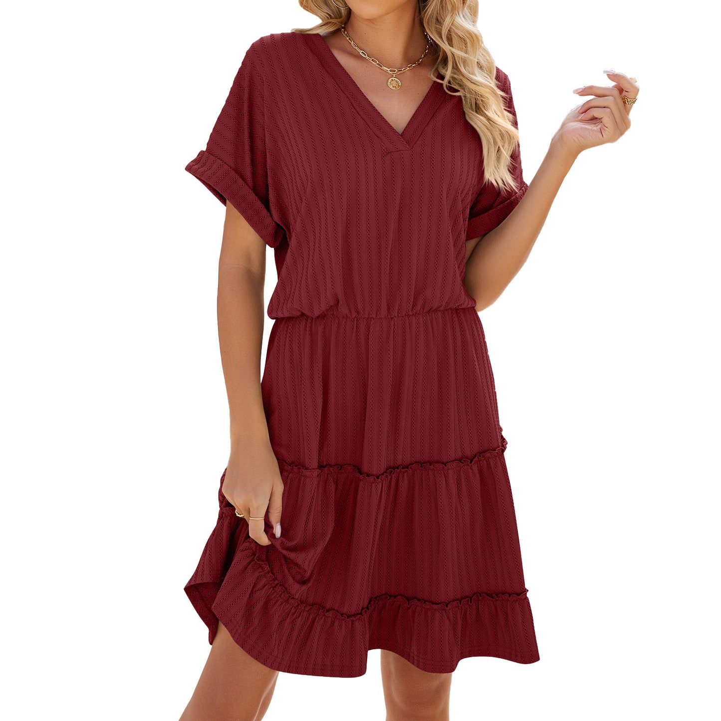 Solid Color V-Neck Loose Short Sleeve Patchwork Dresses Wholesale Womens Clothing N3824052000098