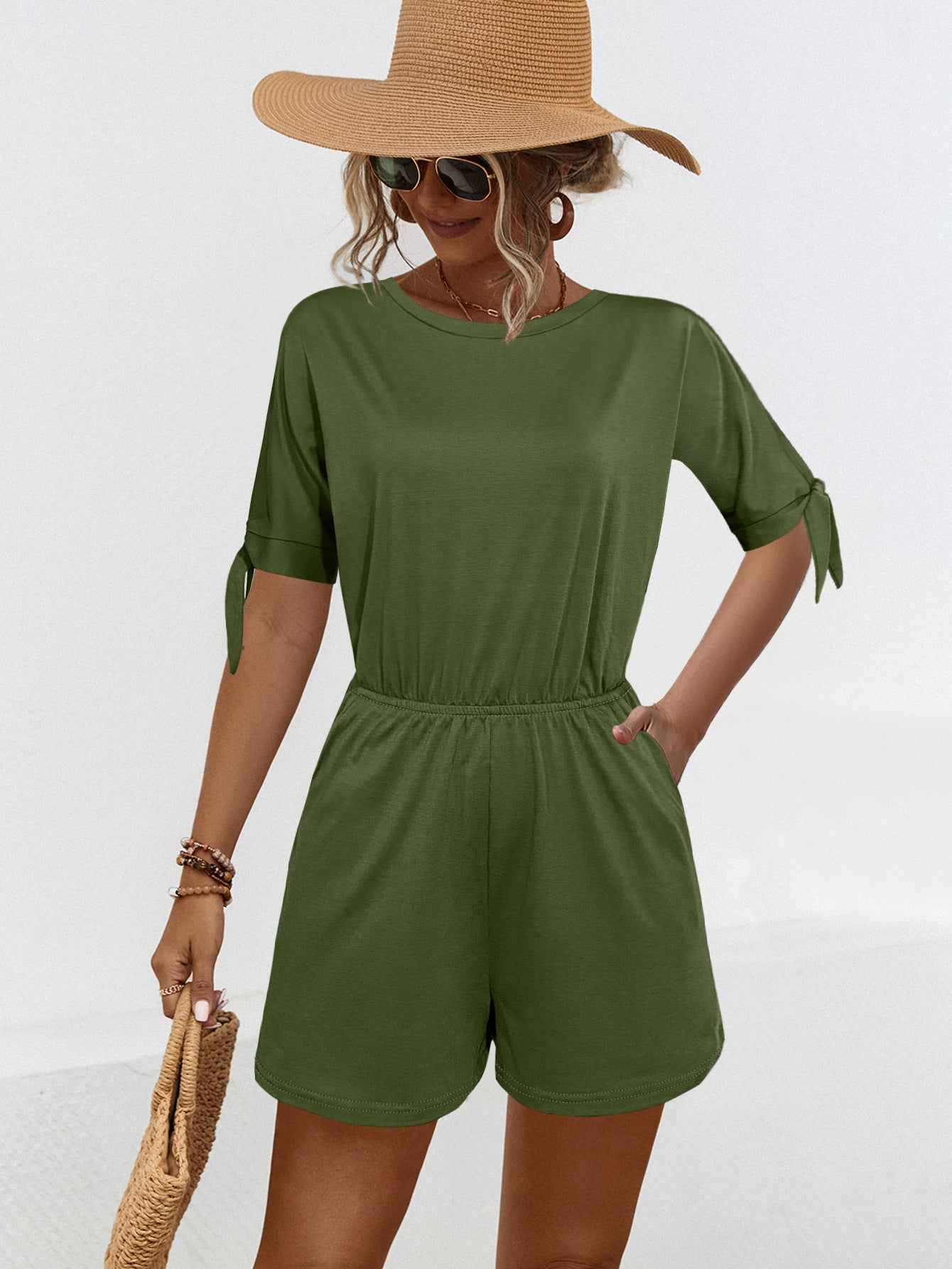 Split Sleeve Solid Color Lace Up Casual Rompers & Jumpsuit Wholesale Womens Clothing N3824050700111