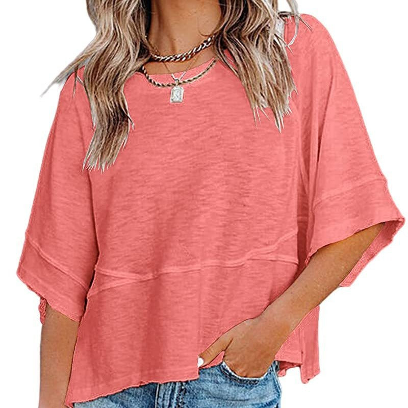Solid Color Round Neck Quarter Bell Sleeve Loose T-Shirts Wholesale Womens Clothing N3824040700337