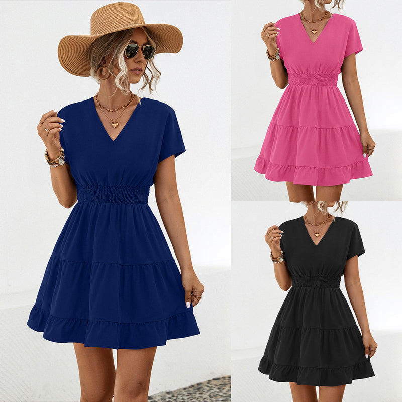 V-Neck Shorts Sleeve Smocked Mini Dresses Wholesale Womens Clothing N3824042900057