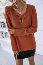 Fashion Solid Color Long Sleeve Hollow V-Neck Warm Sweater Wholesale Womens Tops